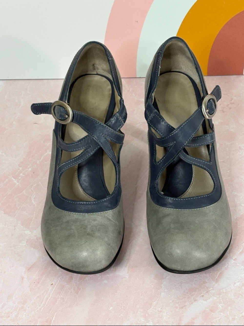 John Fluevog Pearl Hart Navy & Gray Crisscross Mary Jane Heel Bellevue. 6 Retro